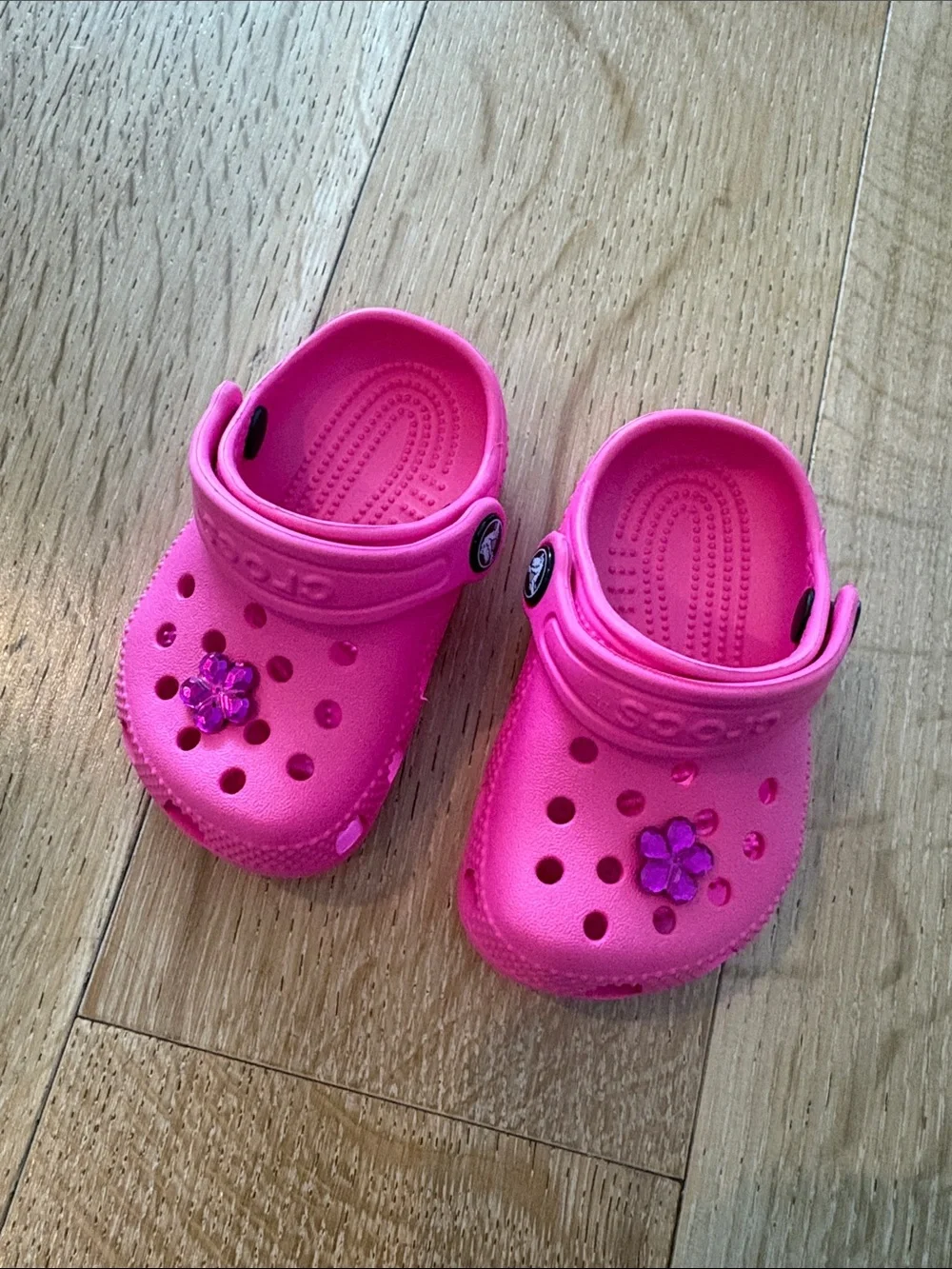 NEVER WORN CROCS BABY Hot Pink Slip-On Clog Shoes with Flower Charm